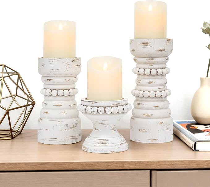 Rustic White Wood Candle Holders Set of 3, Farmhouse Beaded Wood Pillar Candle Holder, Candle Holders for Pillar Candles & Candlesticks, Candle Sticks Holder Decor for Table Centerpiece
