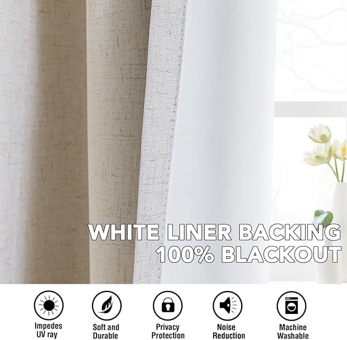 H.VERSAILTEX Linen Curtains 100% Blackout Curtains for Bedroom 120 inch Long Full Light Blocking Nature Linen Blended Window Curtains for Living Room Nickel Grommet (2 Panels, Heathered Natural)