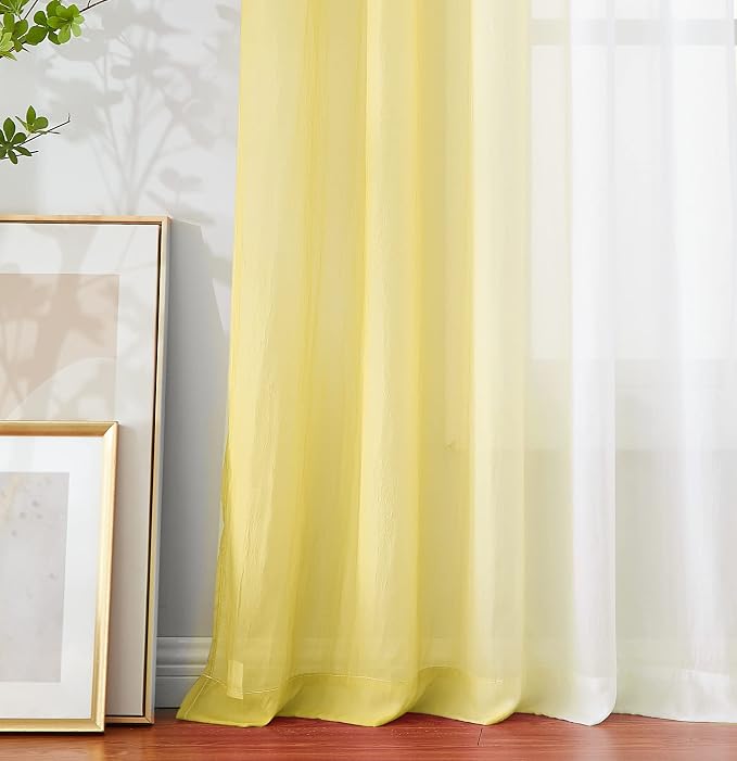 Yellow Ombre Chiffon Sheer Curtains for Living Room Bedroom, Gradient Crinkle Semi Voile Curtain Panels for Small Window Light Filtering Window Drapes for Laundry Room Rod Pocket, 2 Panels, 52"Wx54"L