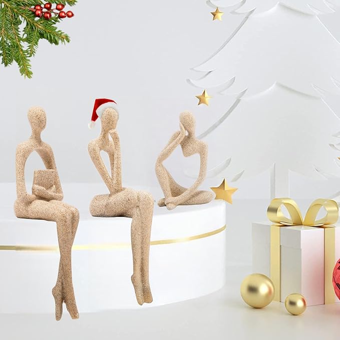 Prettidecor Sandstone Decor Thinker Statue Accents, Set of 3 Thinker Sculptures Office Decor Abstract Resin Decoration on Shelf Table Desk for Living Room Office Bedroom Bookshelf Decor (Large)