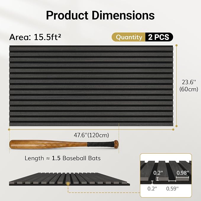 TONOR Wood Slatwall Panels, 2 Pack 47.2" x 23.6"/ 120 x60cm(15.5ft²) Acoustic Wall Panels, Wood Slat Acoustic Panels for Noise Cancelling and Wall Décor Living Room, Bedroom, Home Decor, Office, Black