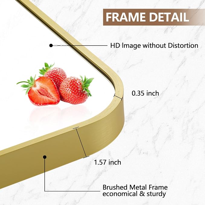 20x30 Inch Gold Mirror, Framed Rectangle Mirror with Rounded Corner, Brushed Brass Mirror, Gold Bathroom Mirror for Over Sink, Vanity, Living Room, Bedroom, Horizontal/Vertical