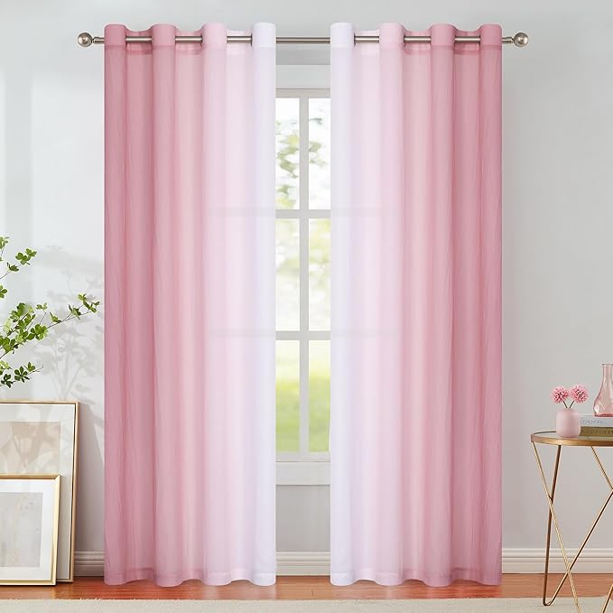 Purainbow Pink Ombre Chiffon Sheer Curtains 90 Inch Long for Living Room Bedroom Decor, Crinkle Gradient Semi Voile Grommet Top Window Curtain Drapes for Girls Room, Garden, Yard, Set of 2 Panels