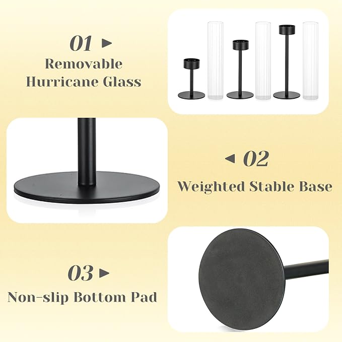 Hewory Black Taper Candle Holders: Candlestick Holders Set of 6 Hurricane Glass Tall Candle Holder for Candlesticks Candle Sticks Holder Decor for Table Centerpiece Wedding Party Christmas Decorations