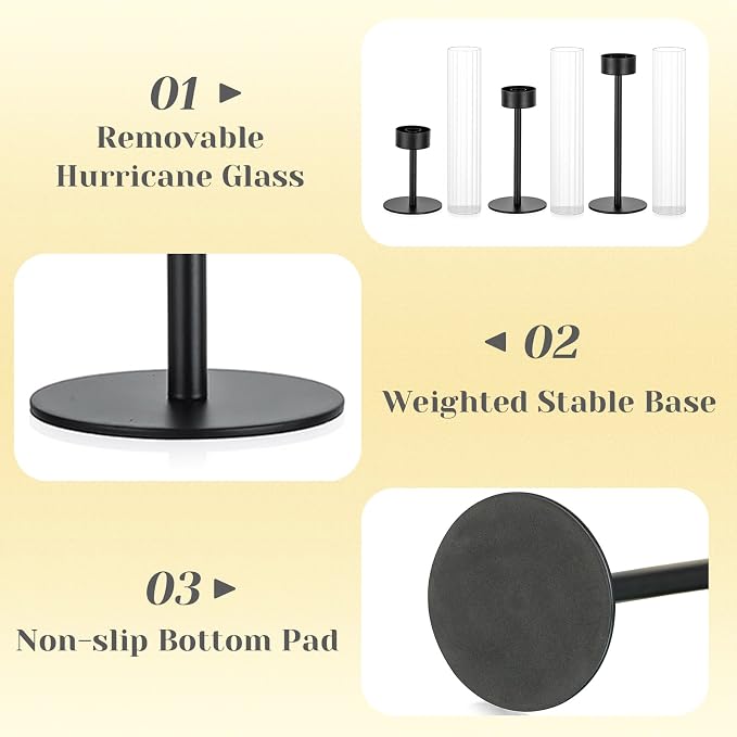 Hewory Black Taper Candle Holders: Candlestick Holders Set of 3 Hurricane Glass Tall Candle Holder for Candlesticks Candle Sticks Holder Decor for Table Centerpiece Wedding Party Christmas Decorations