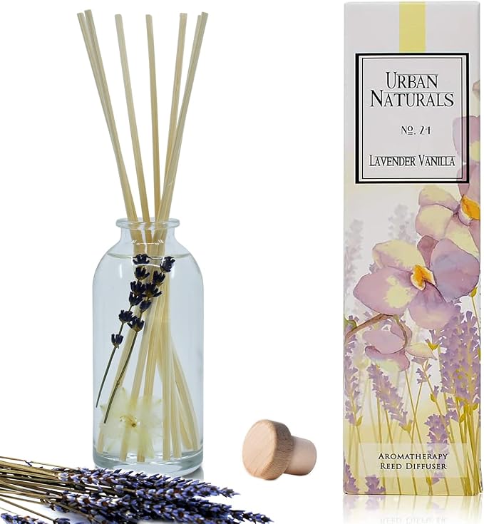 Urban Naturals Reed Diffuser Set, Lavender Vanilla - Bathroom Shelf Décor | Room Scent Infuser with Real Lavender & Natural Flowers, Soothing Scent Makes a Great Housewarming Gift