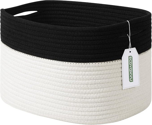 ECDYQXVU Cotton Rope Storage Basket, 15x10x9 Inches, Woven Basket for Shelves, Clothes, Towels, Books, and Laundry, Black/ White (1 Pack)
