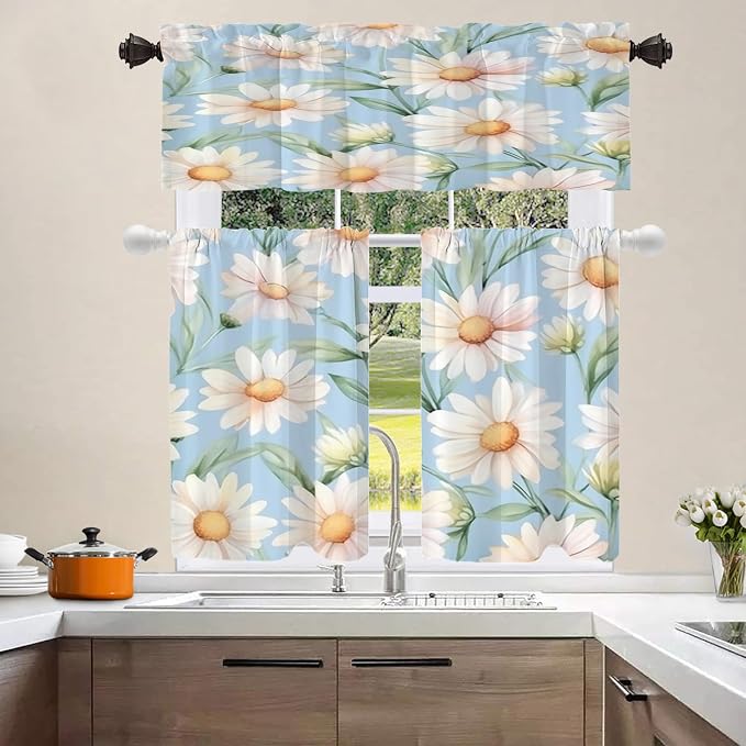 Shrahala Daisies Leaves Blackout Curtain Tiers, White Daisies On Blue Kitchen Valance Light Blocking Tier Drapes with Rod Pocket, 2 Pack 26 X 36 in