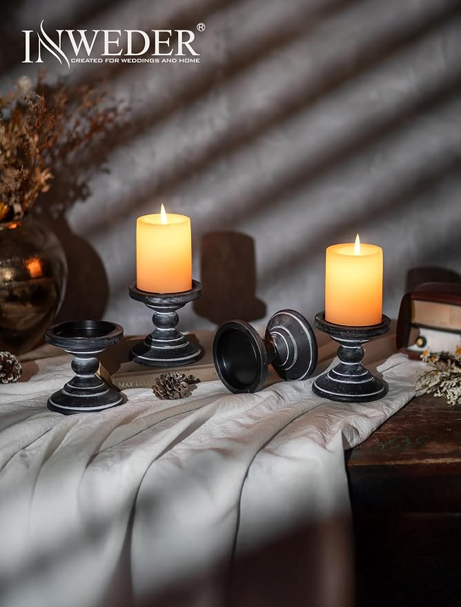 Wood Pillar Candle Holder: 2Pcs Rustic Black Candle Holders for Pillar Candles Wood Candle Holders Distressed Wooden Farmhouse Candle Holder Large Rustic Candle Holder for Fireplace Table