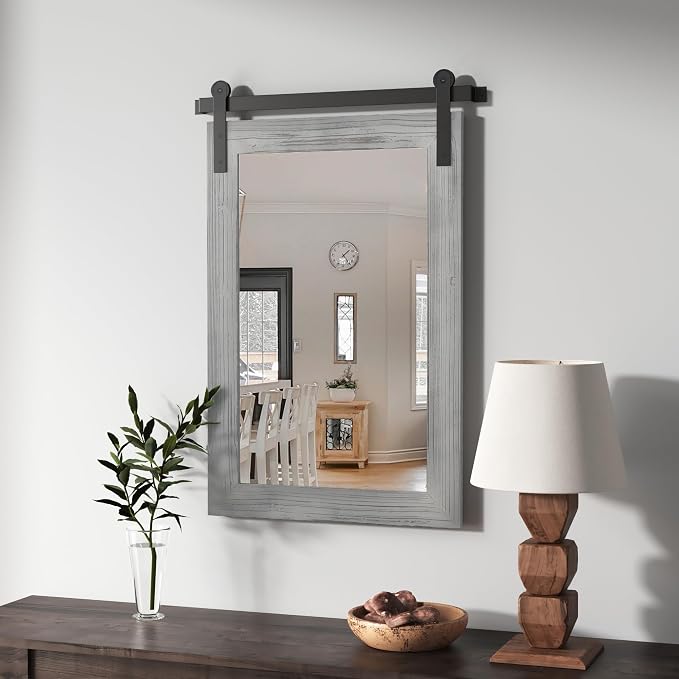 COGOOD Bathroom Mirrors for Over Sink - 26" X 17" Farmhouse Barn Door Wall Mirror for Bathroom, Living Room, Entryway Wall Decorative Grey
