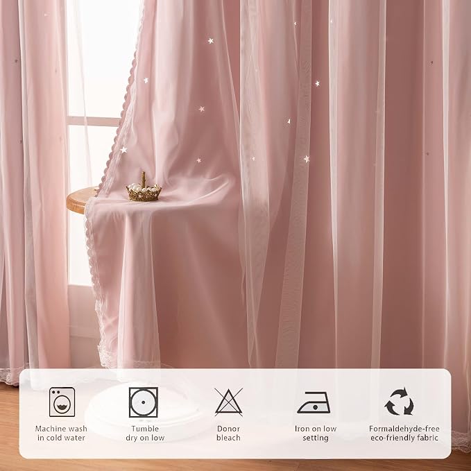2 Panels Blush Pink Star Blackout Curtains 120 Inches Long, Privacy Light Filtering Cute Drapes for Kids Bedroom, Thick Grommet Double Layer Nursery Princess Curtains for Glass Door (50"W x 120"L)
