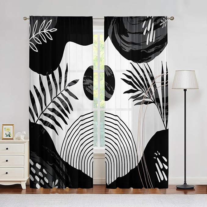 Boho Mid Century Black and White Living Room Curtains, 84 Inch Modern Arch Sun Leaves Light Filtering curtains for Dining Room, Black Gray Abstract Geometric Line Bedroom Curtain, Home Decor, 2 Panels