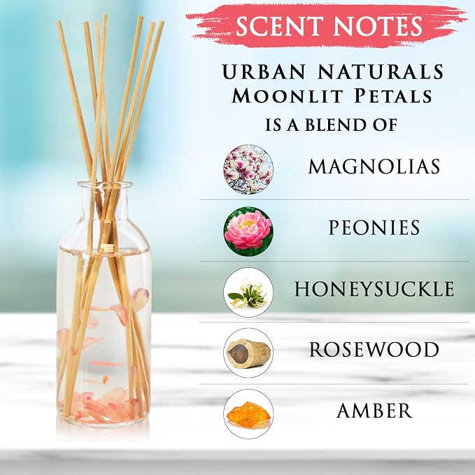 Urban Naturals Reed Diffuser Set, Moonlit Petals - Bathroom Shelf Décor | Magnolias, Peonies, Daisies, Honeysuckle, Pear & Rosewood, Great Gift Idea for Mom, Grandma, Aunt, Wife or Sister