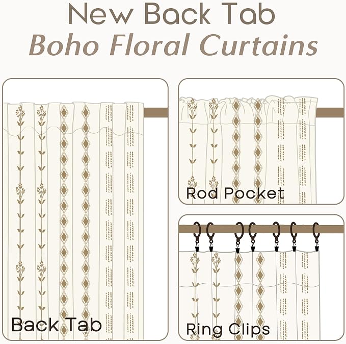 Western Aztec Boho Curtains, Brown Floral Patterned Rustic Farmhouse Drapes for Bay Window Bedroom Living Room Southwestern Decor, 63 Inch Length 2 Panel Set