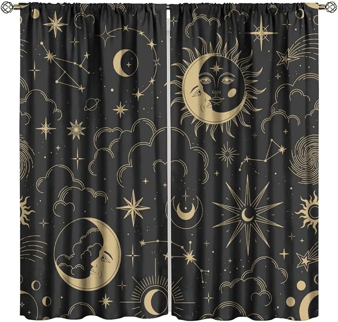 Sun Moon Blackout Curtains, Bohemian Art Theme Sky Sun Moon Gold Print Rod Pocket Window Treatment Drapes for Bedroom Living Room 52" W X 84" L