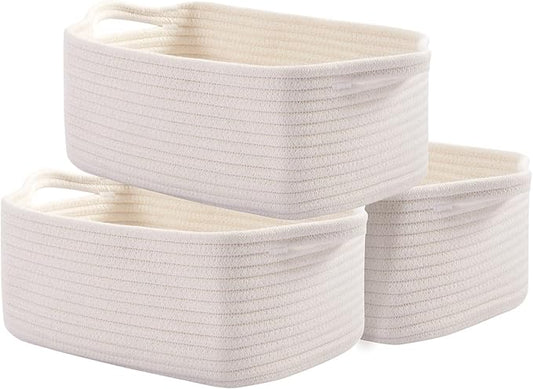 OIAHOMY Cotton Rope Storage Baskets | Decorative Storage Basket for Closet Storage, Home Organizing Bins and Nursery Decor | Cotton Rope Woven Baskets for Storage Shelf, Pure and White