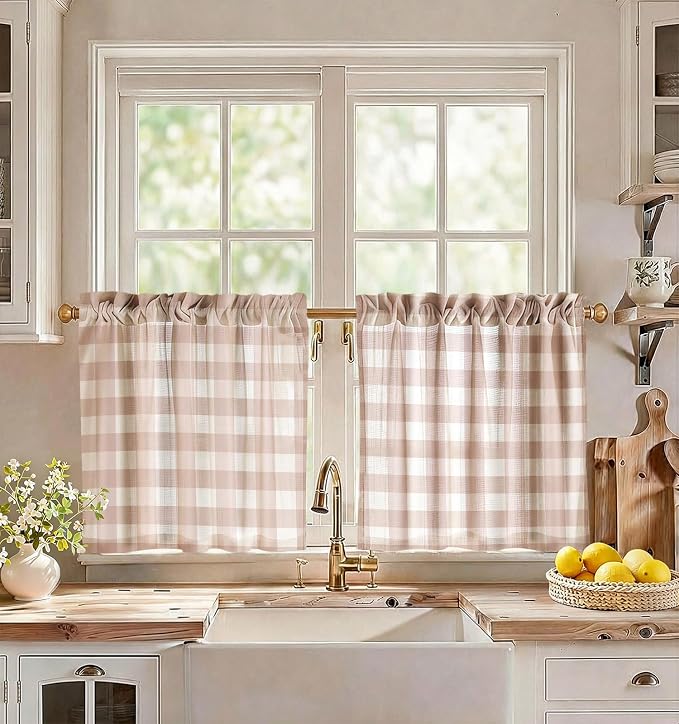 Miss Adola Farmhouse Kitchen Tier Curtains - 24 Inch Length Linen Blend Cafe Curtains Plaid Small Window Treatments Over Sink Rod Pocket for Bathroom Living Room Light Filtering, 2 Panels