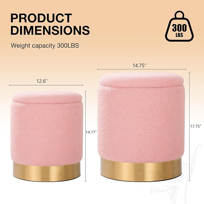 Round Ottoman with Storage Set of 2 Vanity Stool Small Ottoman Coffee Table, Foot Stool, Removable Lid, Vanity Chair for Living Room, Bedroom, Hallway, Assembly Free (Pink)