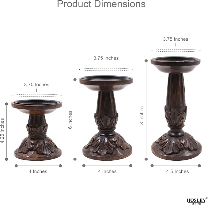 Hosley Set of 3 Wood Pillar Candle Holders 8", 6", 4.25" High Dark Brown Wooden Candlestick Set for Table Centerpiece Ideal for LED & Wax Candles, Rustic Home Decor, Wedding, Party, Spa, Reiki