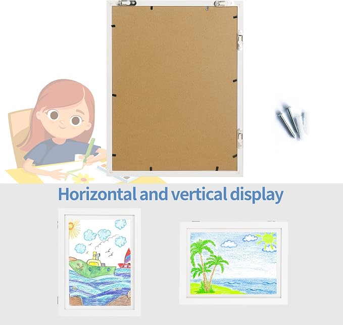 iRahmen Kids Art Frames 8.5x11 - Front Opening Childrens Picture Frame Changeable, Wood Artwork Display Storage for Wall Mount, Magnetic Door Holds 50 Art Pieces for Drawings, 3D Picture, Crafts, Portfolio, White