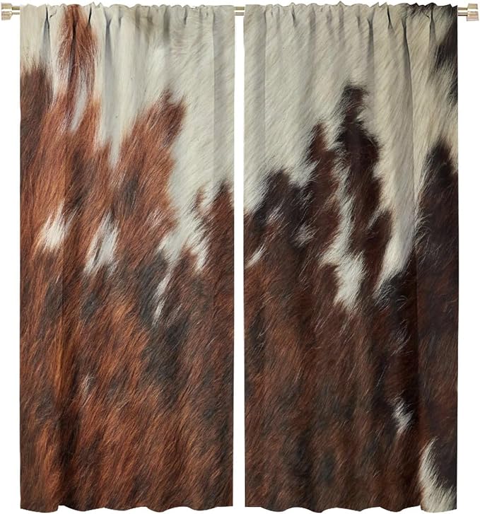 Cow Print Blackout Curtain,Animal Fur Skin Brown White Cowhide Western Rustic Farmhouse Window Treatments Rod Pocket Curtain for Bedroom Living Room Kitchen Decor Drapes 55x63in