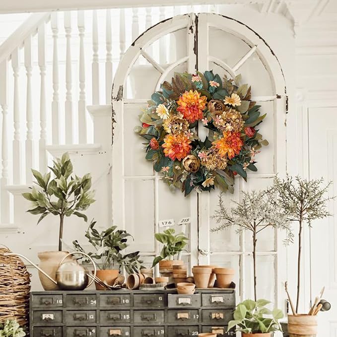 WANNA-CUL 24in Fall Front Door Wreath Dahlia Hydrangea Peony Table Decor | Twig-base autumn wreath with storage box for yearly reuse, ideal Thanksgiving indoor & covered outdoor seasonal gift