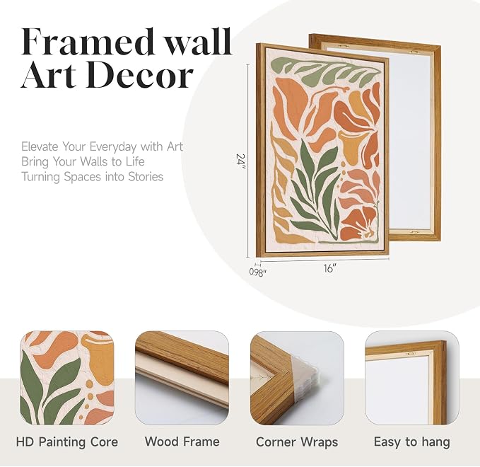 3 Piece Framed Boho Floral Wall Art for Living Room, Large Abstract Botanical Flower Canvas Prints Paintings, Mid Century Modern Wildflower Pictures Artworks Decor for Bedroom Office 16x24 Inch