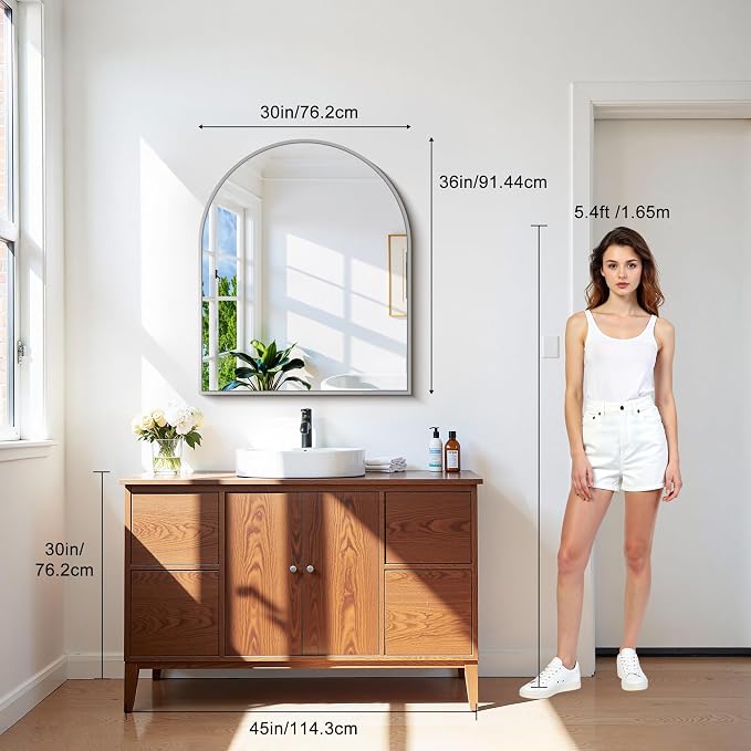 CIRCUMI Arched Wall Mirror, 30"x36" Silver Arched Mirror with Tempered Glass, Metal Frame, Large Size for Bathroom, Living Room,Entryway,Over Sink, Arch Mirror for Decor,Shatterproof&Crystal-Clear