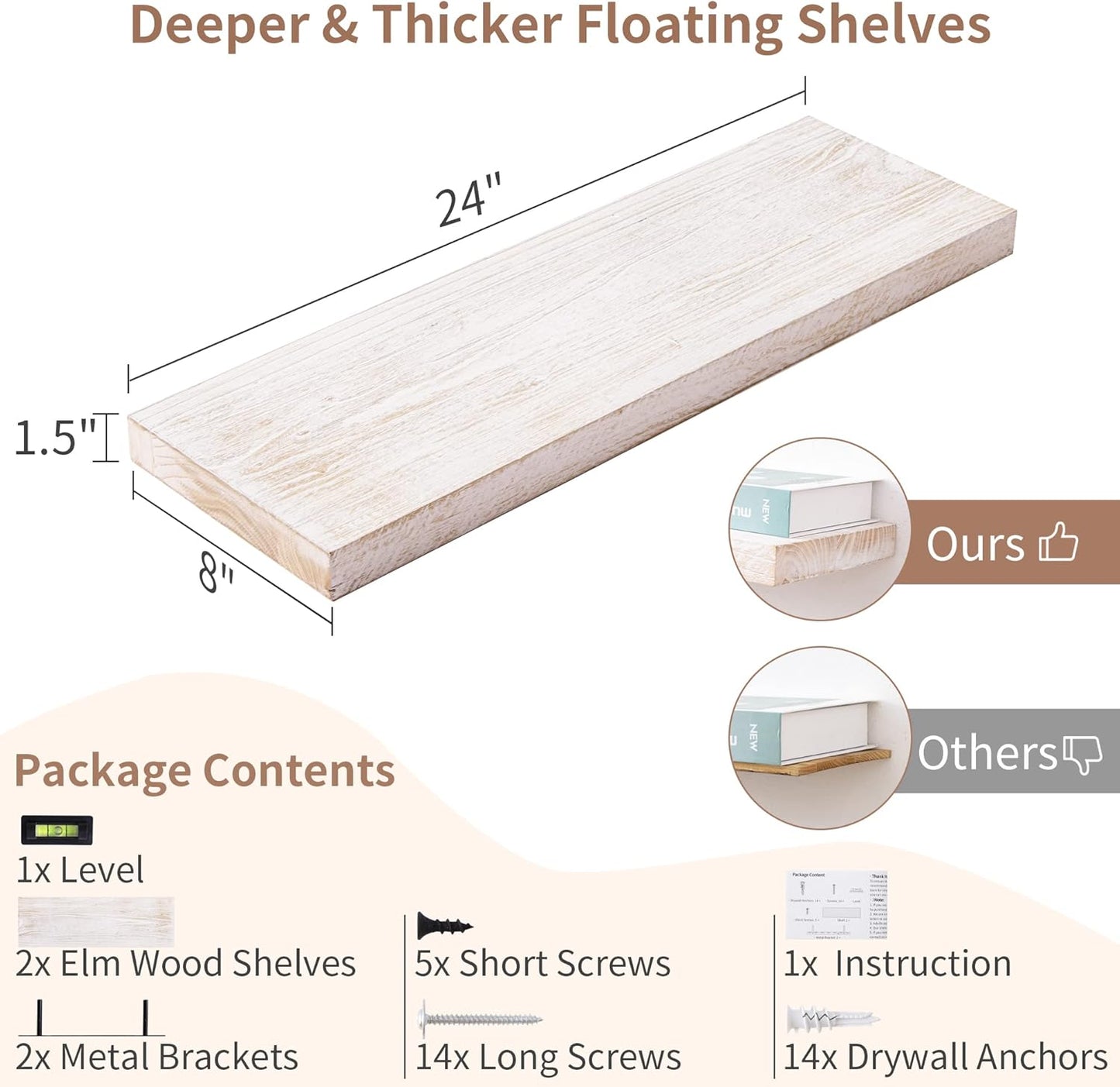 Axeman Floating Shelves for Wall, 24''W x 8''D Rustic Solid Elm Wood Wall Shelves for Storage, Wall Mounted Display Shelving with Invisible Heavy-Duty Metal Bracket (White Wash, 2PCs)