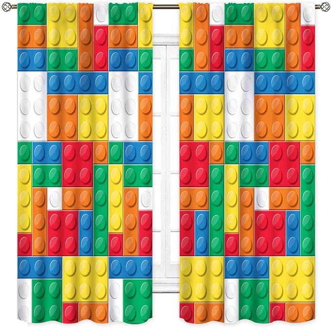 Boys Curtains for Bedroom Building Blocks Curtains, Colorful Plastic Block Building Constructor Brick Blackout Window Treatments for Boys Kids Girl Baby Room Living Room Nursery, 63"x63" Inch