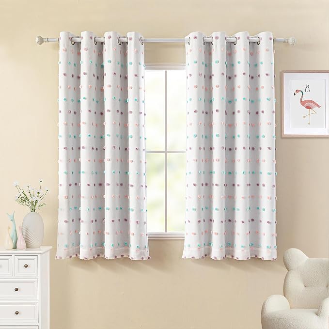 MYSKY HOME Total Blackout Curtains for Kids Bedroom Nursery Curtains 100% Light Block Doubled Curtains with Rainbow Pom Pom Sheer Window Drapes Room Darkening Grommet Set of 2, 52 x 54 in