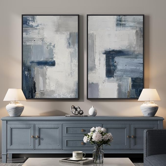 Large Framed Blue Gray Abstract Wall Art Set of 2, Modern Canvas Artwork for Living Room Walls, Minimalist Cool Tone Print Paintings for Bedroom Hallway Home Office Dining Room Wall Decor, 24x36 Inch