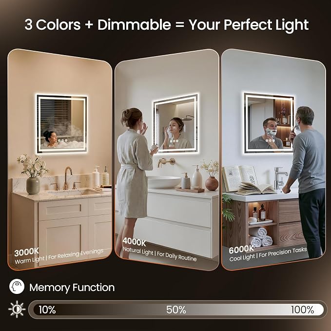 30x30 LED Bathroom Mirror with Lights, Anti-Fog, Backlit + Front Lit (CRI>90), Lighted Bathroom Vanity Mirror for Wall, Memory Function, Dimmable, Tempered Glass, Shatter-Proof