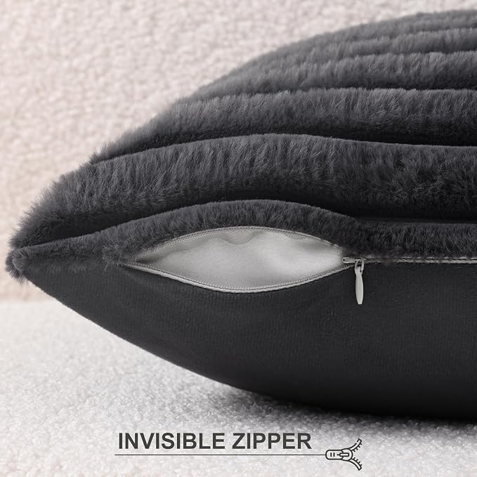 Pallene Faux Fur Plush Throw Pillow Covers 26x26 Set of 2, Luxury Soft Fluffy Striped Decorative Pillow Covers for Sofa, Couch, Living Room, Dark Grey