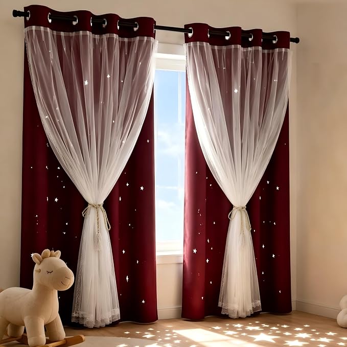 Kids Blackout Curtains for Bedroom/Living Room/Classroom, Sheer Overlay 2 Free Tiebacks, Double Layer Curtains with Star Cutout for Kids Room(Each Piece W 70 x L 72 Inches 2 Pcs Red)