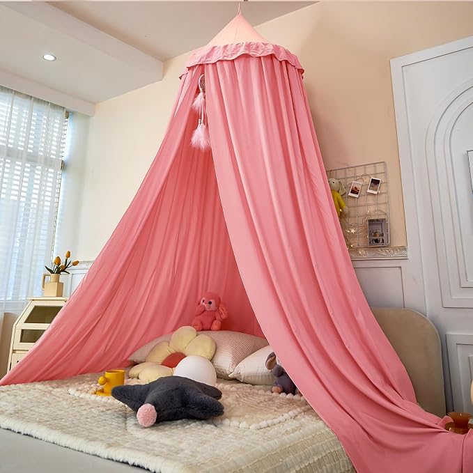 Princess Bed Canopy for Kids, Soft and Durable Dreamy Mosquito Net Bedding, Girls Room Tent, Children Reading Nook Indoor Decor (Coral Pink)