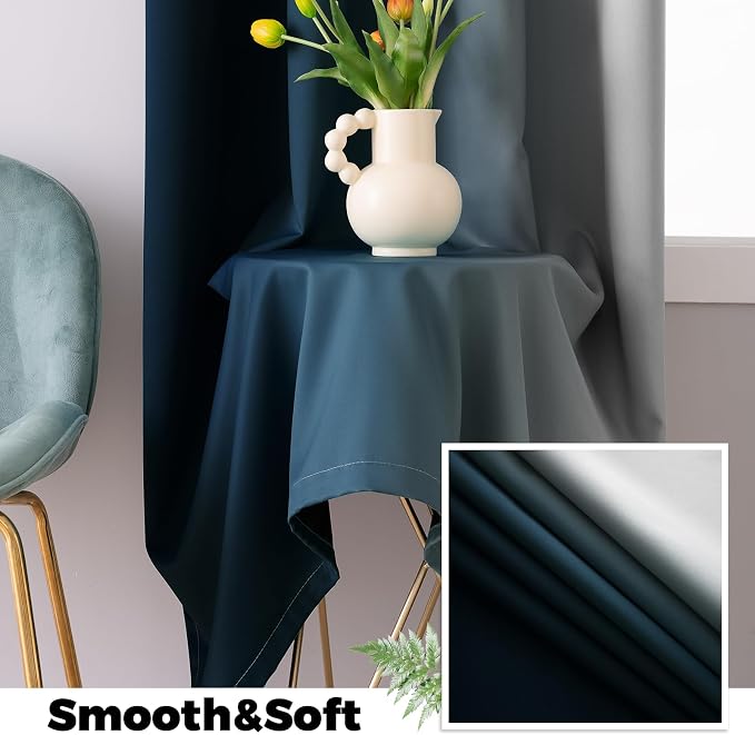 Yakamok 100% Blackout Curtains Ombre Navy Blue Curtains for Bedroom 84 Inch | 2 Layers,Room Darkening Grommet Gradient Drapes,Light Blocking Thermal Insulated Window Curtains for Living Room 52W x 84 L