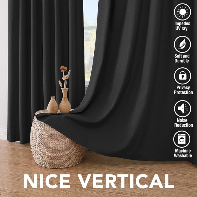 H.VERSAILTEX Linen Curtains 100% Blackout Curtains for Bedroom 90 inch Long Full Light Blocking Nature Linen Blended Window Curtains for Living Room Nickel Grommet (2 Panels, Black)