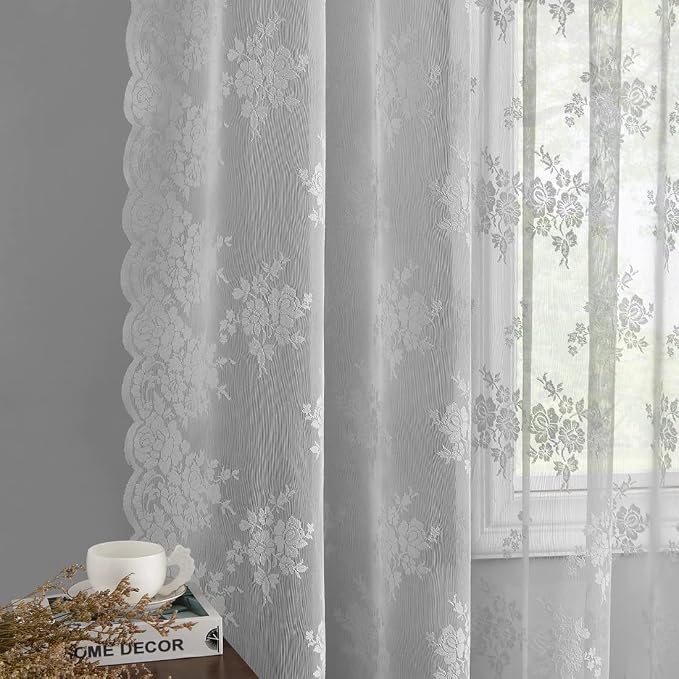 Kotile Grey Pattern Sheer Curtains 63 Inch Long, Country Rustic Floral Embroidered Grey Lace Curtains for Bedroom, Rod Pocket Privacy Vintage Scalloped Lace Curtain 2 Panels, 52 x 63 Inch