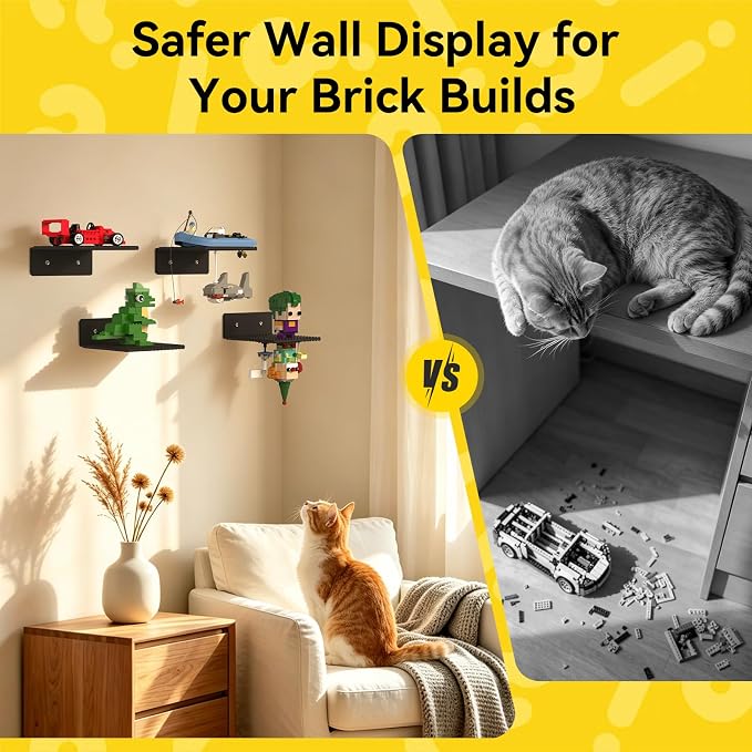 BlissBox 9-Pack Floating Shelves for Wall Compatible with Lego Building Bricks, 5x5.5inch Dual‑Sided 16x17 Studs for Toy Brick Storage and Display, ABS Display Shelves for Room Decor, Black
