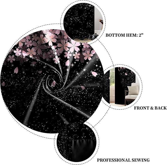 Renaiss Pink Cherry Patels Blackout Curtains, Japanese Cherry Flowers Thermal Insulated Bedroom Window Curtains, Black Floral Bossom Window Drapes for Living Room, 84" L x 53" W 2 Panel Set