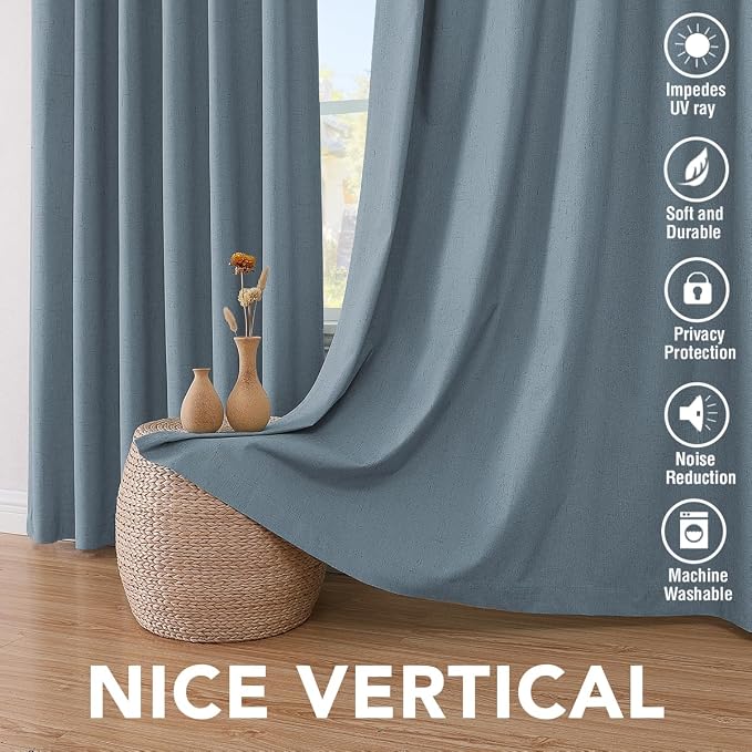 H.VERSAILTEX Linen Blackout Curtains 72 Inches Long 100% Blackout Thermal Insulated Textured Linen Look Curtain Draperies Anti-Rust Grommet, Energy Saving with White Liner, 2 Panels, Stone Blue