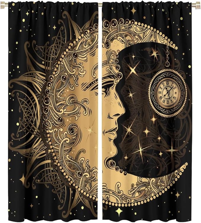 Sun Moon Blackout Windows Curtains, Retro Bohemian Antique Hippie Gold Sun Crescent and Star Curtains, for Living Room Bedroom 42x54in 2 Panels