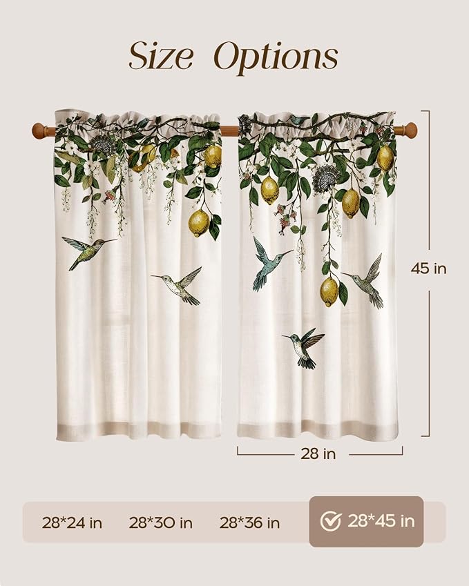 Miss Adola Farmhouse Kitchen Tier Curtains - 45 Inch Length Linen Blend Vintage Cafe Curtains Lemon Bird Small Window Treatments Over Sink Rod Pocket for Bathroom Living Room Light Filtering, 2 Panels