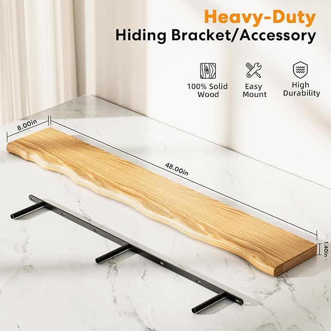 Solid Wood Live Edge Floating Shelves Set of 1 – 48" Rustic Wall Shelf with Hidden Bracket System, Wall Mounted Shelves for Bathroom, Kitchen, Living Room, Bedroom (Walnut)
