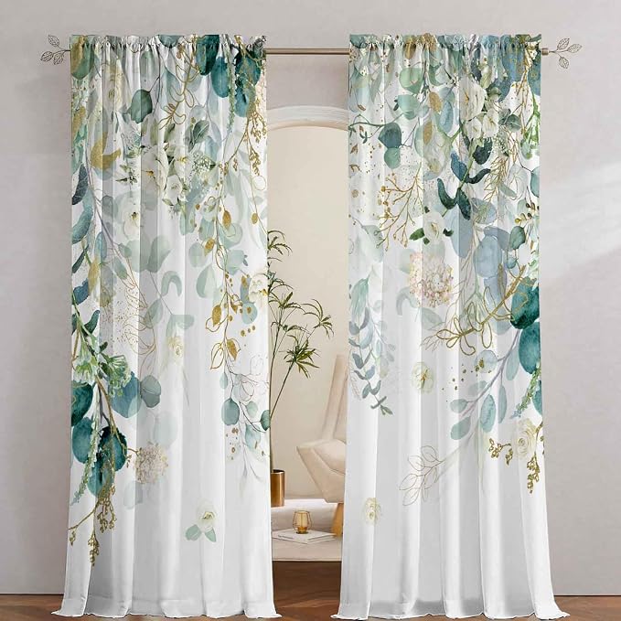 Gold Green Curtains 84 Inches Long Sage Green Leaves Light Filtering Curtain White Floral Drapes for Living Room Farmhouse Leaf Retro Elegant Window Curtains for Bedroom 2 Panels