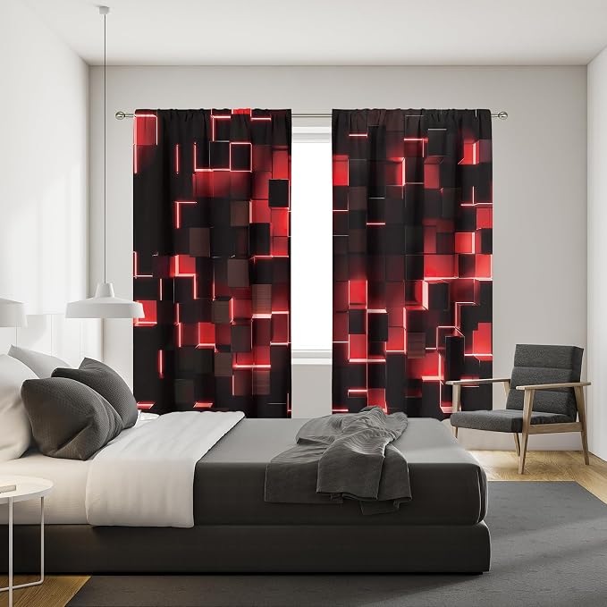 MESHELLY Red and Black Curtains 42Wx63H Inch Rod Pocket Abstract Curtains Modern 3D Gradient Design Geometric Cubes Bedroom Window Drapes Cool Man Boys Printed Living Room Window Fabric 2 Panels