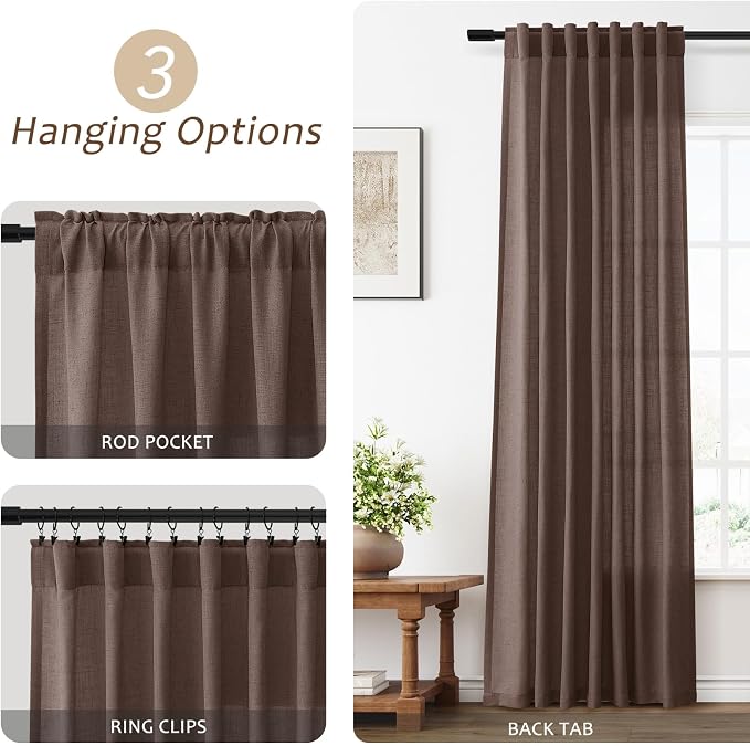 Aersas 102 Inches Cappuccino Linen Curtains for Living Room Bedroom Semi Sheer Privacy Soft Flax Textured Drapes Light Filtering Sliding Glass Door Brown Curtain Farmhouse Retro Decor 52x102