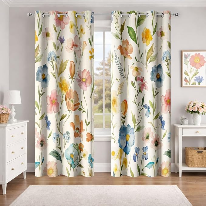Boho Floral Blackout Curtains, Vintage Watercolor Wildflower Botanical Plant Leaves Room Darkening Thermal Insulated Grommet Window Drapes for Living Room Bedroom Decor 2 Panels 52x63 Inches