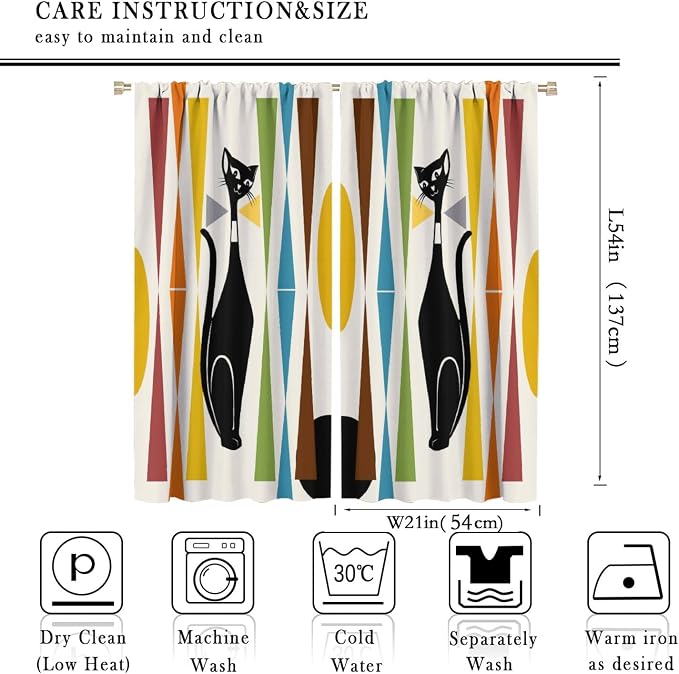 JESTRONRY Mid Century Style Curtains,Black Cat Modern Abstract Geometric Vintage Colorful Shape Pattern Theme Home Fabric Living Room Bedroom Kitchen Bathroom Decor 42x54in